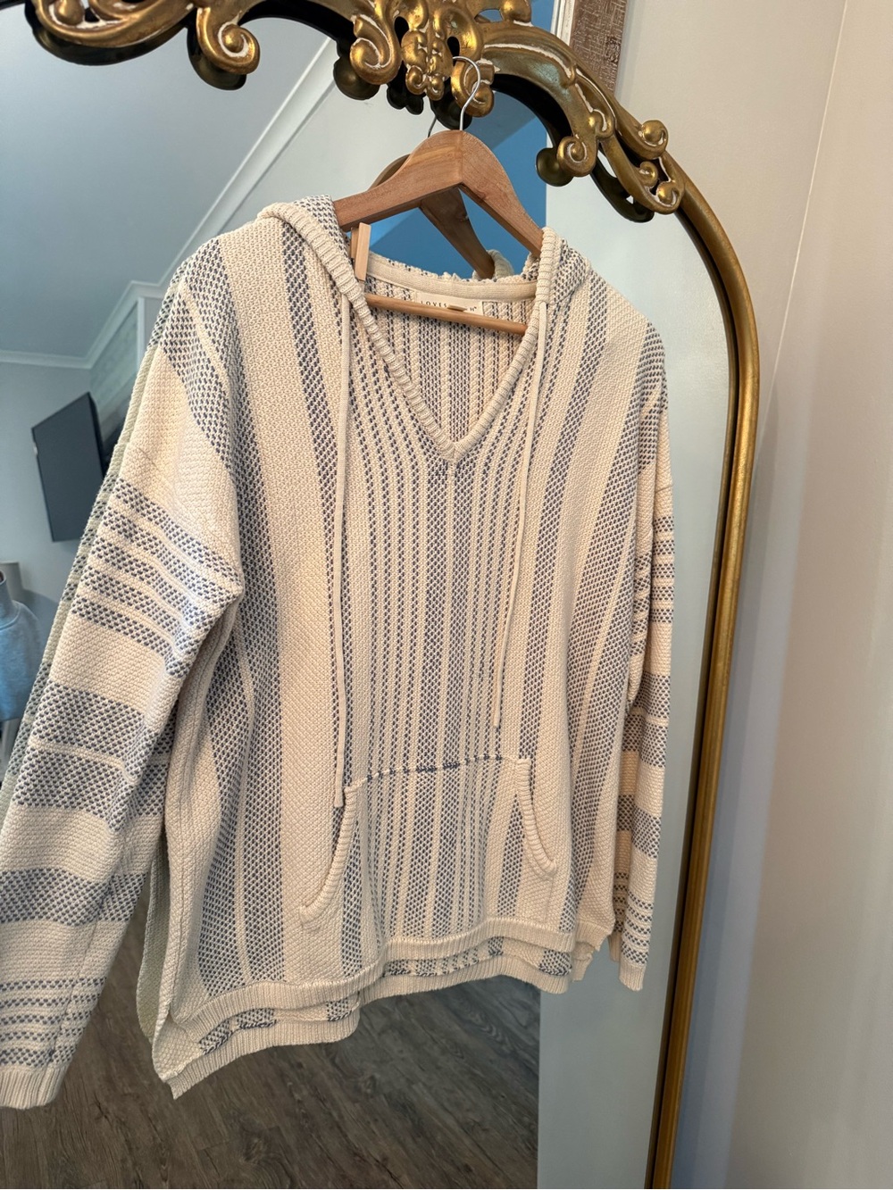Lovestitch Cotton Striped Hooded Pullover Sweater - Cream & Blue